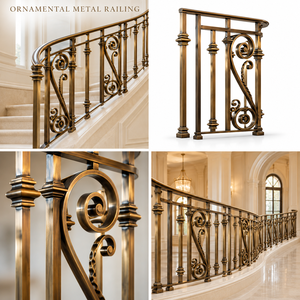Curved Bronze Ornamental Metal <b>Stair</b> <b>Railing</b> with Bold Scrollwork Panels for Villas Hotels and Classic Interiors - Product Image 5