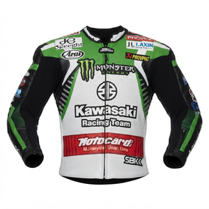 Men’s Rawasaki Motorcycle <b>Racing</b> <b>Jacket</b>/Chaquetta Genuine Cowhide Leather CE Level 2 Protection Armor with Hump - Product Image 1