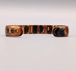 Copper Vintage Mokume Gane Patterned Textured Surface Open Cuff Bangle Bracelet Carved Antique Concentric Oval Ring Motif - Product Image 2