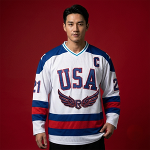 Camiseta de Hockey sobre Hielo de EE. UU. para Hombre, Manga Larga, Cuello en V, Bordado, Poliéster que Absorbe la Humedad, Uniforme, Corte Regular para Adultos - Product Image 5