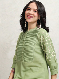 Green Cotton Quick Dry Knee-Length Regular Fit <b>Kurta</b> Set Embroidered Sleeves Pleated Front <b>Women</b> Casual Summer Wear India - Product Image 4