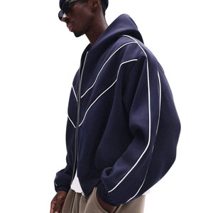 Sudadera con Capucha para Hombre, Color Azul Marino, Corte Holgado, Diseño con Rayas Blancas, Cierre Frontal con Cremallera, Estilo Casual para Otoño, Material de Felpa Tejida - Product Image 4