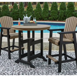 Ensemble de table à manger ronde en bois, chaises de jardin confortables en bois, robustes pour cour, salon, extérieur, parc, hôtel - Product Image 1