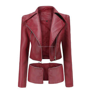 Chaquetas rojas de cuero de motorista con dobladillo transpirable para mujer, cierre de cremallera, cuello de solapa, manga larga, abrigo elegante ajustado - Product Image 1