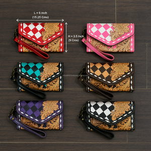 New Arrival Purple & Black Tooled Checkered Leather Wallet Trendy Floral Design ATM Card Holder Women Long Clutch for Shopping - Product Image 2