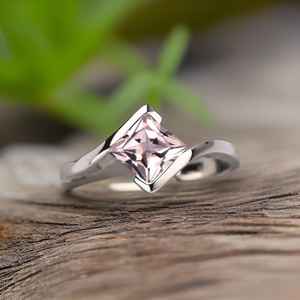 Princess Cut Morganite Ring Vintage Unique Engagement Ring Rose <b>Gold</b> Princess Cluster Bypass Dainty Wedding Ring - Product Image 5