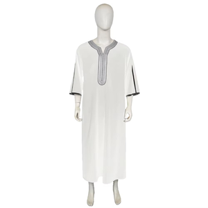 Wholesale Premium Cotton Stand Collar Modest <b>Men's</b> Loose Fit <b>Thobe</b> Islamic Eid Plus Size Floor Length Short Sleeve Quick Dry - Product Image 2