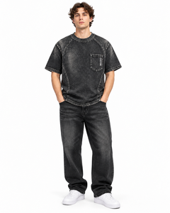 Camiseta Negra Personalizada al por Mayor con Bolsillo y Lavado Ácido, Estilo Vintage Oversize de Algodón, Unisex, Ropa Urbana, Marca Privada - Product Image 3