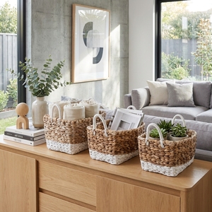 Natural Water Hyacinth <b>Storage</b> <b>Basket</b> Set White Bottom Dip <b>Rectangular</b> Shelf <b>Storage</b> Organizer Box Setup Decor Pure Art Design - Product Image 4