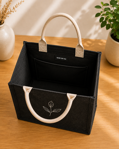 Sac fourre-tout en jute noir avec broderie de feuilles, poignée en corde torsadée, taille moyenne, ouverture supérieure - Product Image 3