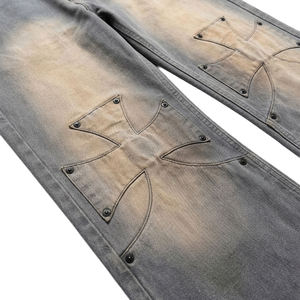 <b>Men's</b> Stonewashed <b>Flare</b> <b>Jeans</b> Mid Waist Button Fly 100% Cotton Street Style Lightweight Canvas Summer Customized Printing Pants - Product Image 3