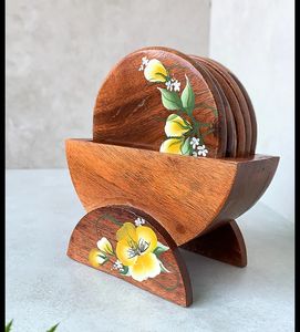 Sous-verres en noyer faits à la main en gros, sous-verres classiques en bois d'acacia avec des motifs carrés et ronds en bois - Product Image 5