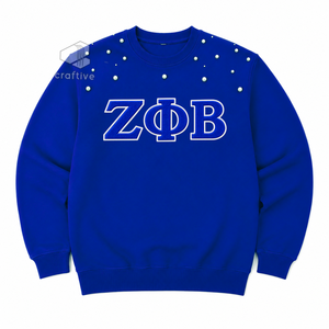 Sweat-shirt pour femmes Zeta Phi Beta, bleu, orné de perles, lettres grecques brodées, col rond, manches longues, décontracté, pull de sororité - Product Image 1