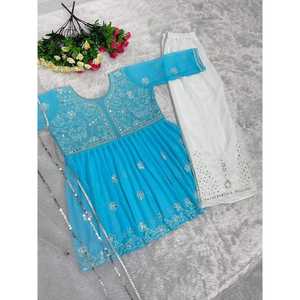 FANCY GEORGETTE BORDADO REAL ESPEJO TRABAJO TOP PALAZZO CON DUPATTA SKY - Product Image 3