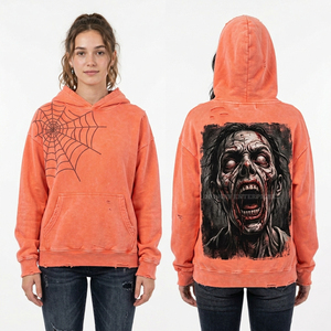 Sudadera con capucha amarilla mostaza vintage para mujer, con gráfico de esqueleto de maestro de ceremonias de circo, manga a rayas, estilo streetwear desgastado, top de carnaval - Product Image 3