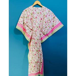 Robe longue kaftan blanche à imprimé floral rose pour femme, style bohème, col en V, taille ajustable avec lien, robe de plage d'été - Product Image 1