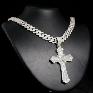 Silver Plated <b>Iced</b> <b>Out</b> Cross Pendant Necklace Moissanite Charm Cuban <b>Chain</b> Hip Hop Jewelry Gift - Product Image 2