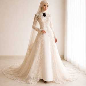 Robe de mariée kaftan moderne en dentelle ivoire coupe A |   Robe de mariée longue à manches longues avec broderie |   Robe de mariée modeste à traîne courte - Product Image 1