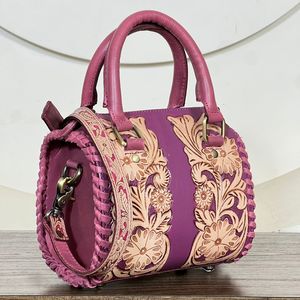Trending Handcrafted Pink <b>Tooled</b> Floral <b>Leather</b> Duffel Bags High Quality Small Crossbody Travel Shopping Handbags For Women - Product Image 4