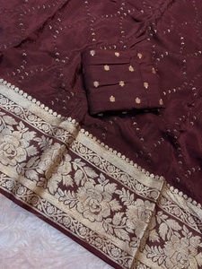 Sari de crepé de rosas Mysore con bordado de hilo de viscosa y lentejuelas, blusa Dola rusa pura, tela tejida ecológica de secado rápido para mujer - Product Image 5