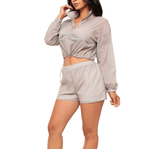 Ensemble coupe-vent personnalisable pour femme, 2 pièces : veste streetwear et short, pour la mode urbaine, manches longues, longueur au-dessus du genou - Product Image 1