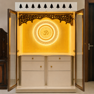 Armoire de Temple Religieux Moderne en Bois Sculpté avec Rétroéclairage LED Premium, Portes en Verre, Tiroirs de Rangement et Fixation Murale - Product Image 4
