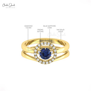 Bague Halo en Or Massif 14K au Design Moderne avec Saphir Bleu Naturel Rond de 5mm et Diamants, Faite à la Main, Empilable, pour Usage Quotidien - Product Image 5