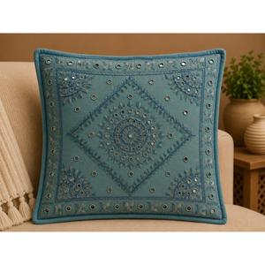 Indian Embroidered Blue Cushion <b>Cover</b> Boho Decorative Pillowcase Handmade <b>Sofa</b> <b>Throw</b> Pillow Home Decor - Product Image 2