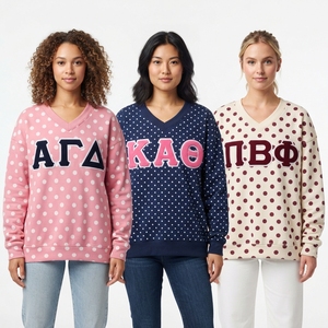 V-Neck Sweatshirt <b>Red</b> <b>Gingham</b> Blue Polka Dot Asymmetric Design Embroidered Greek Letters Women's Preppy Style Autumn Wear - Product Image 3
