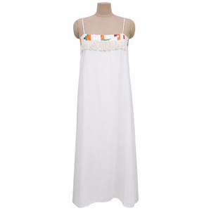 White Boho Fringe Maxi Dress Women Spaghetti Strap Embroidered Trim Flowy Summer Sundress Beach Vacation Casual Resort Holiday - Product Image 1