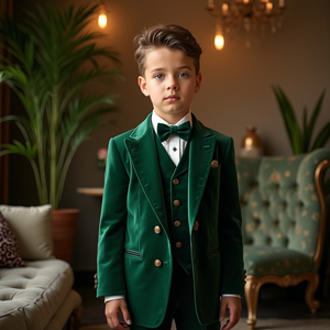 Costume 3 pièces en velours bleu turquoise pour garçons sur mesure |   Costume de mariage pour enfant avec gilet, nœud papillon et blazer formel - Product Image 4