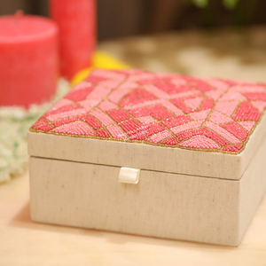 Pink Lattice Beaded Jewelry Box Hand Embroidered Glass Bead Storage <b>Case</b> Luxury Craft Factory Wholesale - Product Image 2