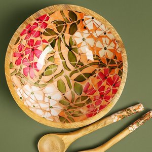 Bol à salade en bois fait main avec motif floral, sans BPA, écologique, artisanat, finition naturelle non enduite, pour les fêtes - Product Image 4
