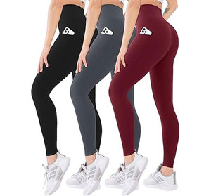 Leggings de yoga taille haute pour femmes, longueur intégrale, noir uni, satin écologique, avec poches, sans coutures, extensibles dans quatre directions, vêtements de sport - Product Image 3