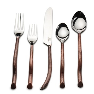 Mirrored Steel Kitchenware Flatware Set Silver Color Shiny Polished <b>Top</b> With Brown Unique Design Handle Rustic Design Cutlery - Product Image 1