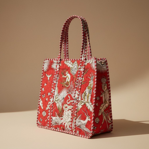 Quilted Cotton Tote <b>Bag</b> for Women-Hand Block Print Red Jungle Safari Waterproof Animal Print - Product Image 1