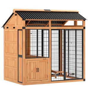 Cuccia per Cani Extra Large 7 X 5 in Legno, Cuccia da Esterno con Piattaforma e Armadio Portaoggetti per Razze Grandi, Gialla - Product Image 1
