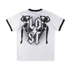 Summer Men's Blank Design High Street Style O-Neck Short Sleeve Pure Cotton T-<b>shirt</b> with Rhinestone Print 300g Knitted Fabric - Product Image 2