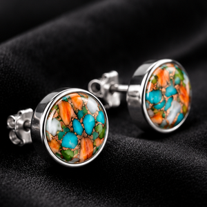 Spiny Oyster Turquoise <b>Stud</b> <b>Earrings</b> Orange Blue Gemstone <b>Silver</b> Tone Round <b>Earrings</b> <b>for</b> <b>Women</b> Wholesale Jewelry - Product Image 4
