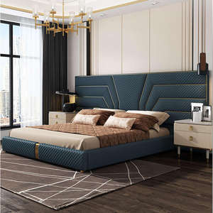Cama King Size de Madera de Teca Sólida Moderna y Lujosa con Cabecera Tapizada y 2 Mesitas de Noche, Juego de Dormitorio - Product Image 4