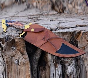 Couteau Bowie en acier carbone fait main sur mesure, manche en résine et laiton, bord partiellement dentelé, étui en cuir - Utilisation en camping et en extérieur, garantie 3 ans - Product Image 5