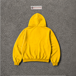 Sweat à capuche oversize jaune délavé à l'acide, avec motif cercle abstrait et cloutages, style vintage streetwear unisexe, mode urbaine décontractée - Product Image 6