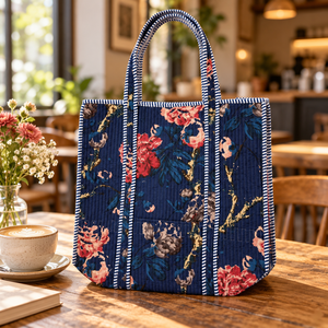 Artisan <b>Inspired</b> Navy Blue Cotton Quilted Tote <b>Bag</b> Romantic Floral Garden Print Women Shoulder Handbag <b>Wholesale</b> - Product Image 4