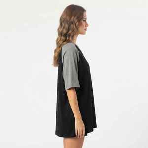 Women's Black Gray Raglan Sleeve <b>V</b>-<b>Neck</b> <b>T</b>-<b>Shirt</b> Loose Fit 100% Cotton Casual Jersey Print Logo Top Spring Summer - Product Image 5