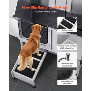 Stazione di lavaggio per cani in acciaio inossidabile da 62 pollici con rampa, pannello filtrante acqua in PE, rubinetto, vasca per toelettatura animali da esterno, soffione doccia e porta sapone - Product Image 3