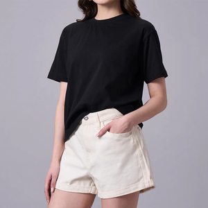 T-shirt noir à col rond et manches courtes pour femme, coupe classique, couleur unie, 100 % coton, respirant et séchage rapide – Tendance actuelle en gros - Product Image 1