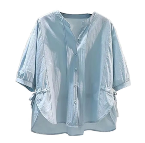 Blusa de Lino Azul Claro para Mujer, Manga Tres Cuartos, Cuello Redondo, Corte Holgado, Estilo Casual con Lazo, Transpirable, para Primavera/Verano - Product Image 2