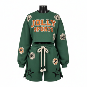 Heavyweight cotton polyester fleece women crop top short <b>set</b> panel shorts chenille embroidery logo 100% Cotton Crop Top & Shorts - Product Image 6