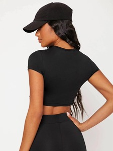 Women <b>Black</b> Crop <b>Top</b> Short Sleeve Crew Neck Slim Fit Knitted Solid Color Casual All Seasons Spandex Polyester Breathable - Product Image 3