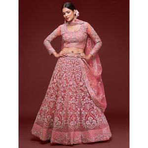 Gorgeous Coral Embroidered <b>Net</b> Wedding Wear Lehenga Choli - Product Image 1